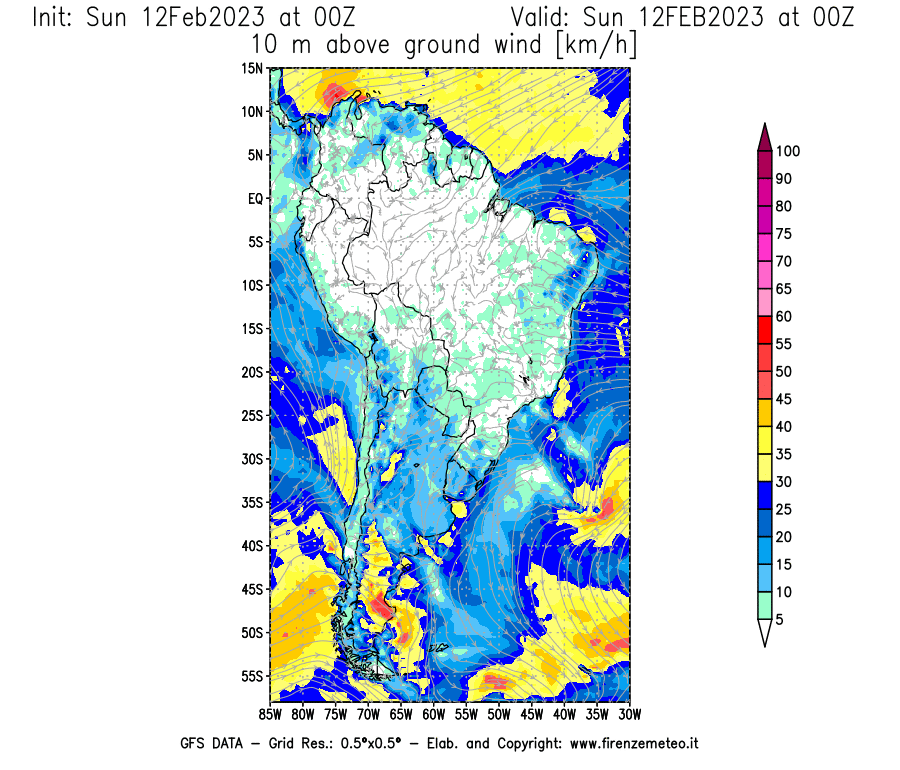Mappa di analisi GFS - Velocità del vento a 10 metri dal suolo [km/h] in Sud-America
							del 12/02/2023 00 <!--googleoff: index-->UTC<!--googleon: index-->