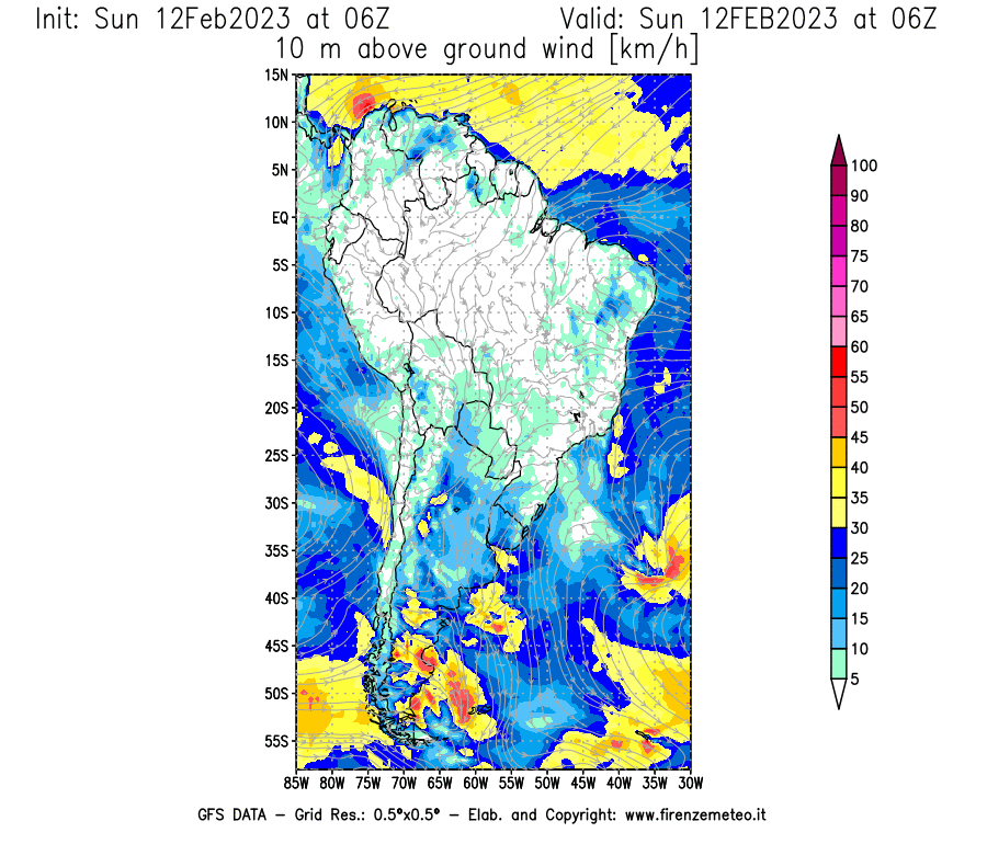 Mappa di analisi GFS - Velocità del vento a 10 metri dal suolo [km/h] in Sud-America
							del 12/02/2023 06 <!--googleoff: index-->UTC<!--googleon: index-->