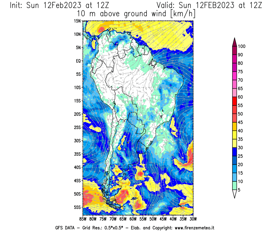 Mappa di analisi GFS - Velocità del vento a 10 metri dal suolo [km/h] in Sud-America
							del 12/02/2023 12 <!--googleoff: index-->UTC<!--googleon: index-->