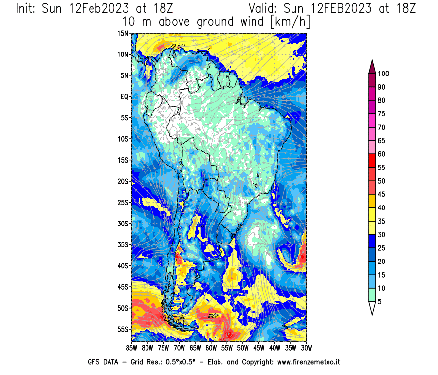 Mappa di analisi GFS - Velocità del vento a 10 metri dal suolo [km/h] in Sud-America
							del 12/02/2023 18 <!--googleoff: index-->UTC<!--googleon: index-->