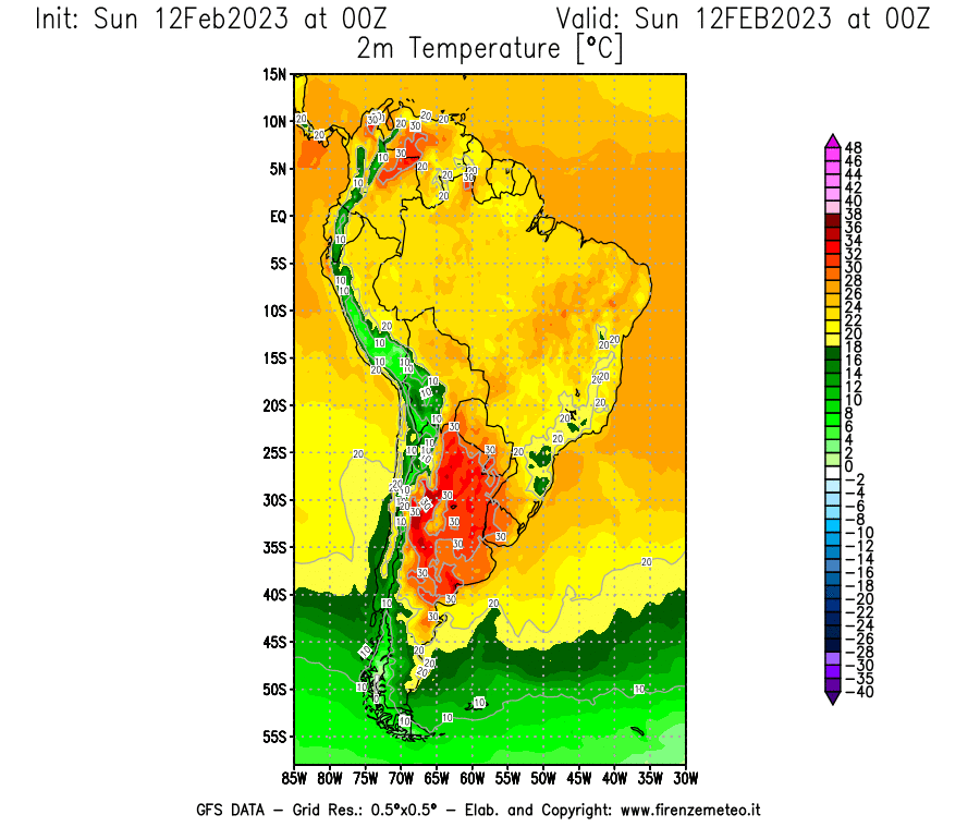 Mappa di analisi GFS - Temperatura a 2 metri dal suolo [°C] in Sud-America
							del 12/02/2023 00 <!--googleoff: index-->UTC<!--googleon: index-->