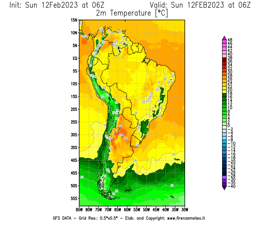 Mappa di analisi GFS - Temperatura a 2 metri dal suolo [°C] in Sud-America
							del 12/02/2023 06 <!--googleoff: index-->UTC<!--googleon: index-->