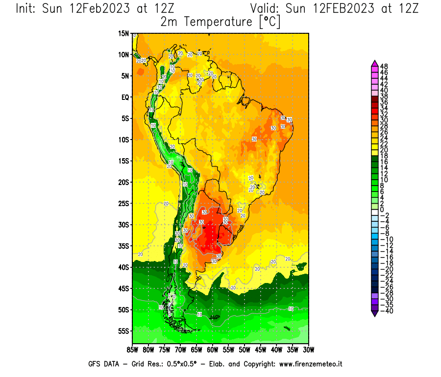 Mappa di analisi GFS - Temperatura a 2 metri dal suolo [°C] in Sud-America
							del 12/02/2023 12 <!--googleoff: index-->UTC<!--googleon: index-->