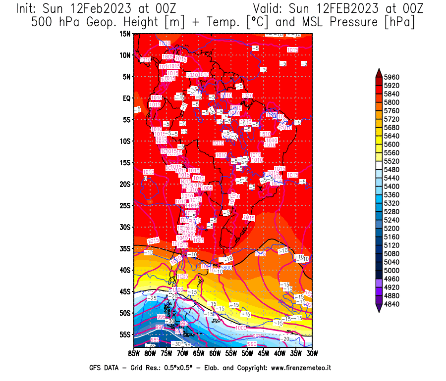 Mappa di analisi GFS - Geopotenziale [m] + Temp. [°C] a 500 hPa + Press. a livello del mare [hPa] in Sud-America
							del 12/02/2023 00 <!--googleoff: index-->UTC<!--googleon: index-->
