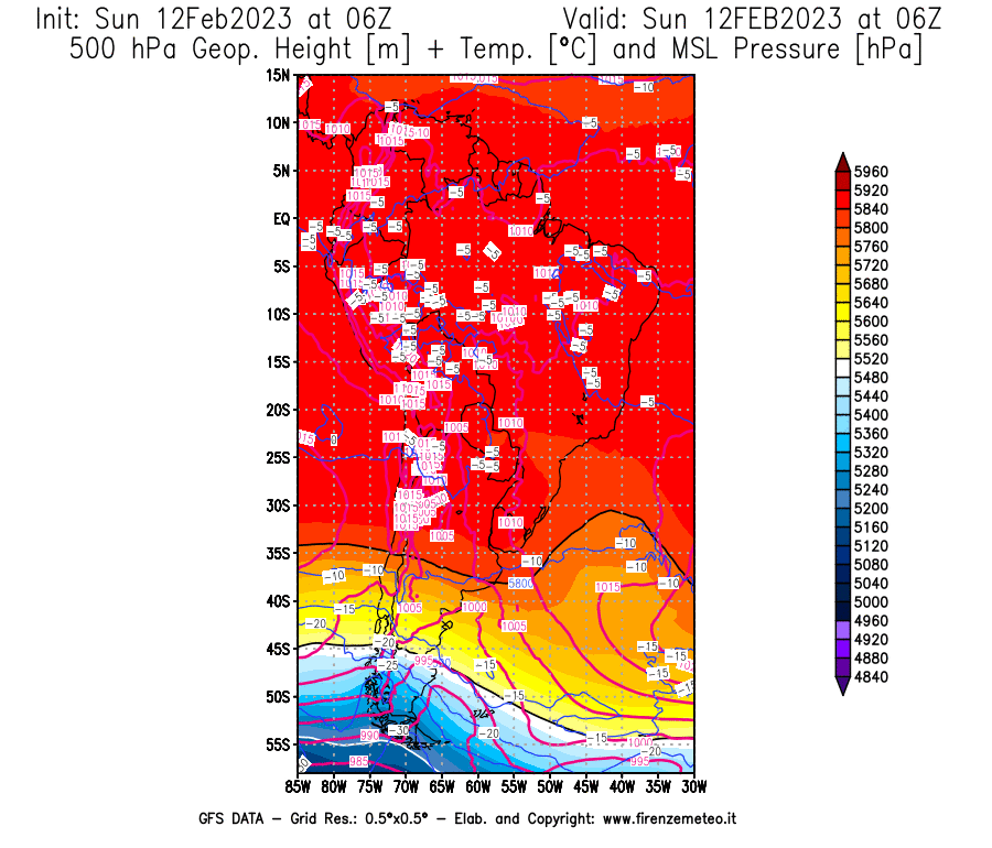 Mappa di analisi GFS - Geopotenziale [m] + Temp. [°C] a 500 hPa + Press. a livello del mare [hPa] in Sud-America
							del 12/02/2023 06 <!--googleoff: index-->UTC<!--googleon: index-->