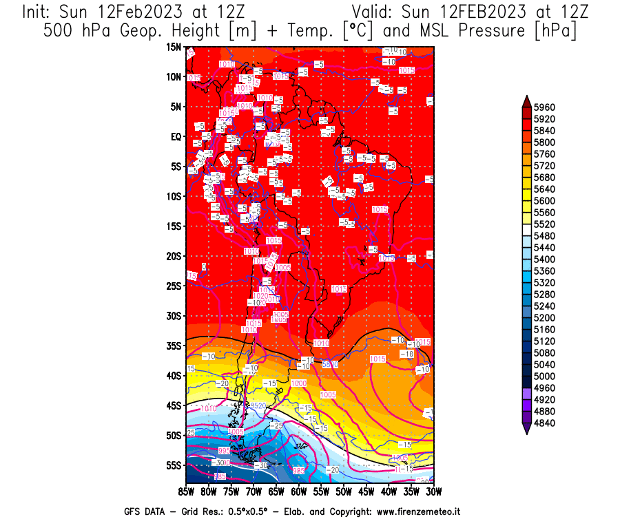 Mappa di analisi GFS - Geopotenziale [m] + Temp. [°C] a 500 hPa + Press. a livello del mare [hPa] in Sud-America
							del 12/02/2023 12 <!--googleoff: index-->UTC<!--googleon: index-->