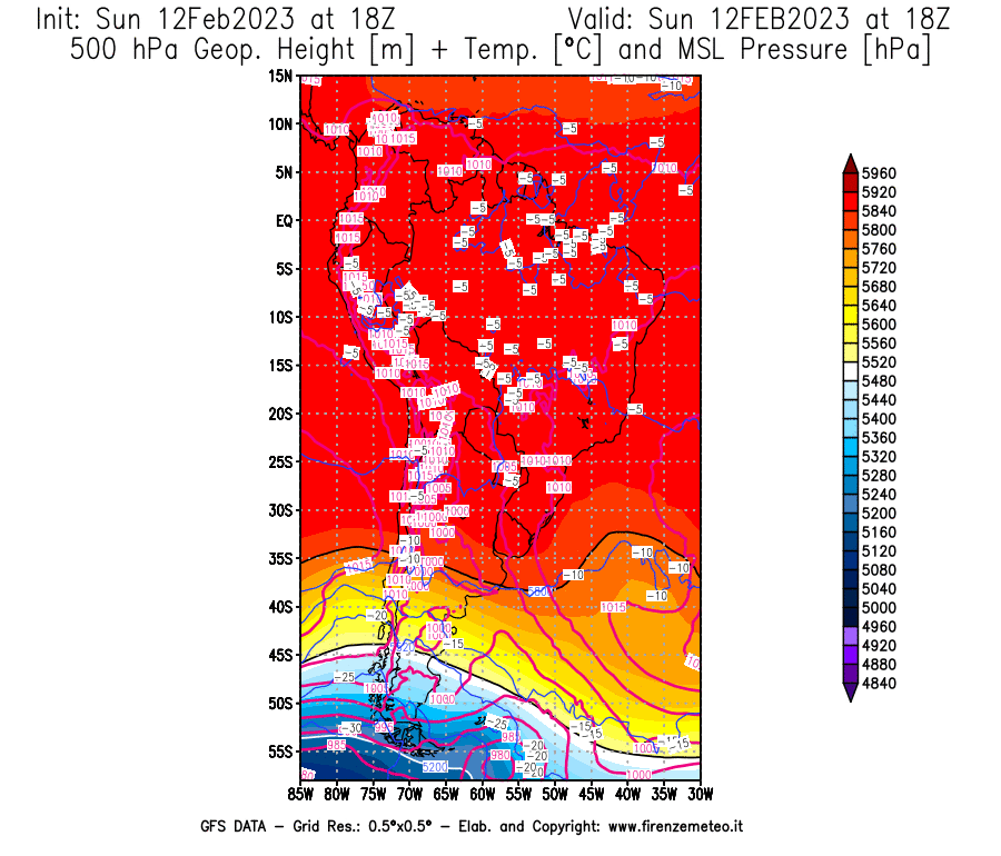 Mappa di analisi GFS - Geopotenziale [m] + Temp. [°C] a 500 hPa + Press. a livello del mare [hPa] in Sud-America
							del 12/02/2023 18 <!--googleoff: index-->UTC<!--googleon: index-->