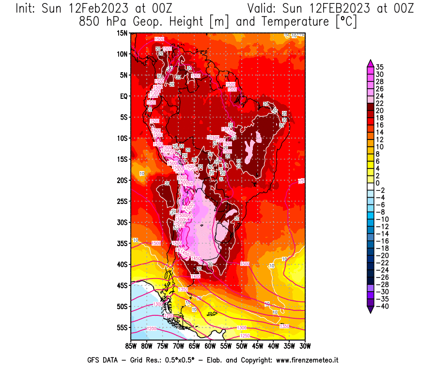 Mappa di analisi GFS - Geopotenziale [m] e Temperatura [°C] a 850 hPa in Sud-America
							del 12/02/2023 00 <!--googleoff: index-->UTC<!--googleon: index-->