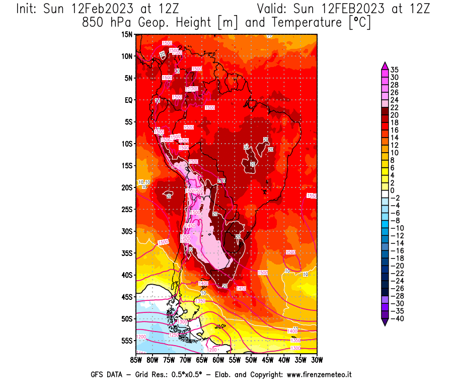 Mappa di analisi GFS - Geopotenziale [m] e Temperatura [°C] a 850 hPa in Sud-America
							del 12/02/2023 12 <!--googleoff: index-->UTC<!--googleon: index-->