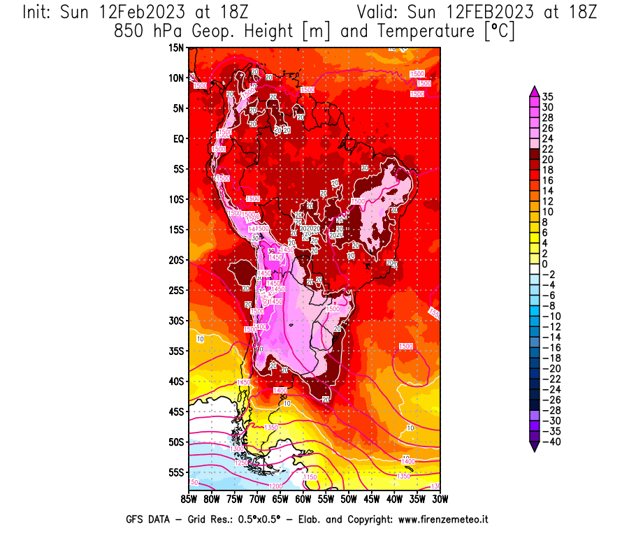 Mappa di analisi GFS - Geopotenziale [m] e Temperatura [°C] a 850 hPa in Sud-America
							del 12/02/2023 18 <!--googleoff: index-->UTC<!--googleon: index-->