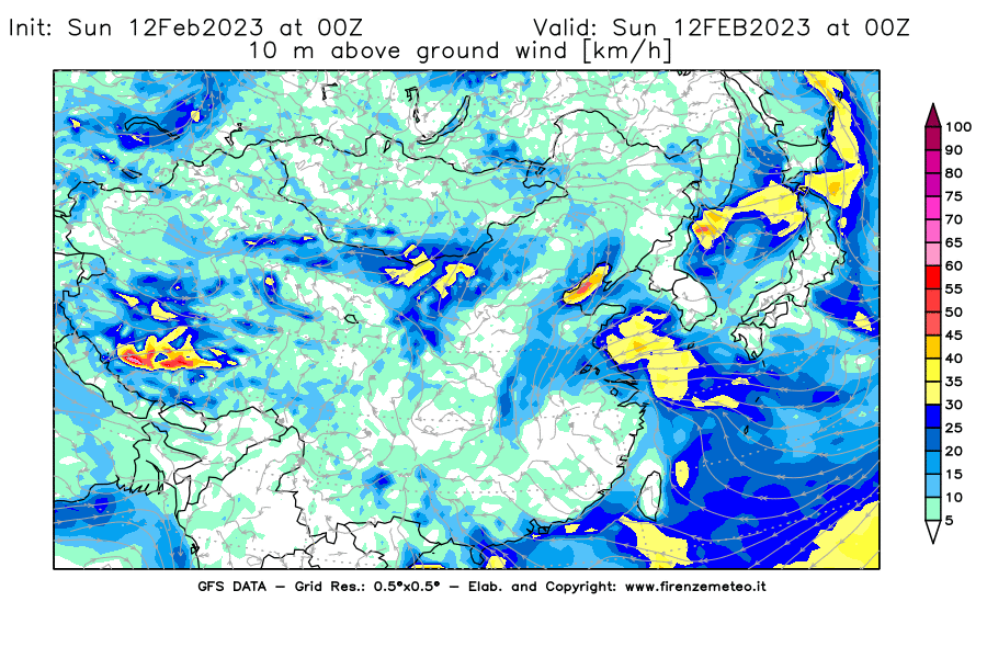 Mappa di analisi GFS - Velocità del vento a 10 metri dal suolo [km/h] in Asia Orientale
							del 12/02/2023 00 <!--googleoff: index-->UTC<!--googleon: index-->