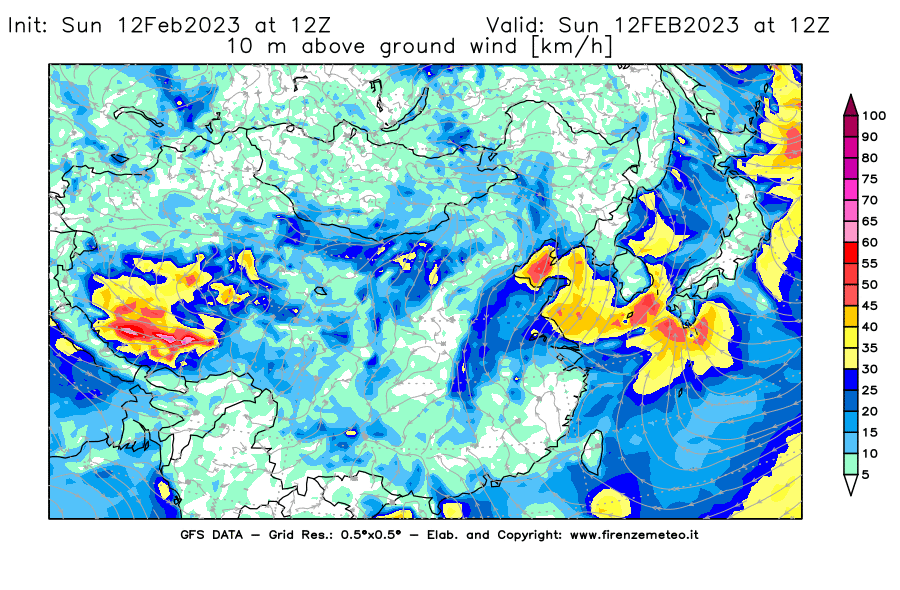 Mappa di analisi GFS - Velocità del vento a 10 metri dal suolo [km/h] in Asia Orientale
							del 12/02/2023 12 <!--googleoff: index-->UTC<!--googleon: index-->
