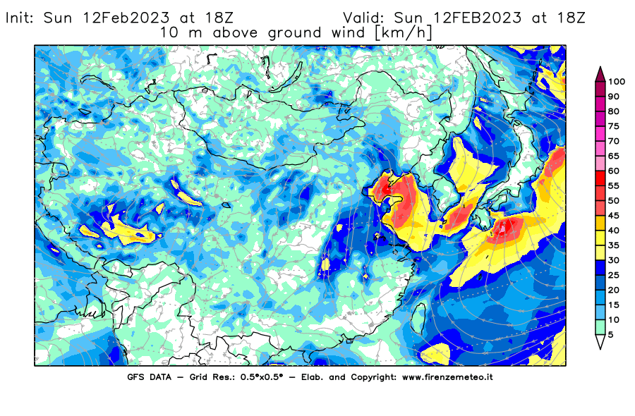 Mappa di analisi GFS - Velocità del vento a 10 metri dal suolo [km/h] in Asia Orientale
							del 12/02/2023 18 <!--googleoff: index-->UTC<!--googleon: index-->