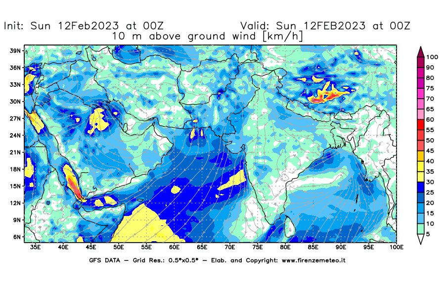 Mappa di analisi GFS - Velocità del vento a 10 metri dal suolo [km/h] in Asia Sud-Occidentale
							del 12/02/2023 00 <!--googleoff: index-->UTC<!--googleon: index-->