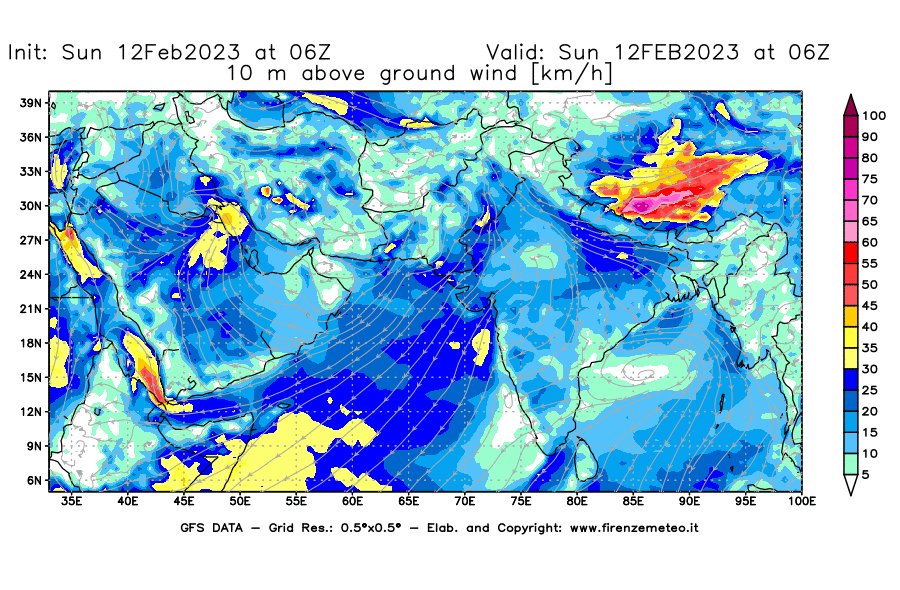 Mappa di analisi GFS - Velocità del vento a 10 metri dal suolo [km/h] in Asia Sud-Occidentale
							del 12/02/2023 06 <!--googleoff: index-->UTC<!--googleon: index-->