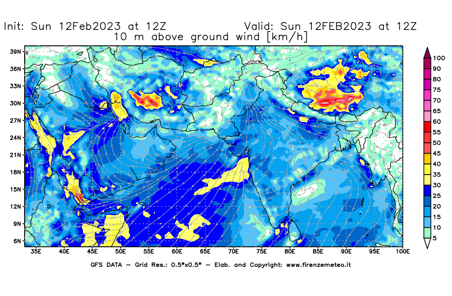 Mappa di analisi GFS - Velocità del vento a 10 metri dal suolo [km/h] in Asia Sud-Occidentale
							del 12/02/2023 12 <!--googleoff: index-->UTC<!--googleon: index-->
