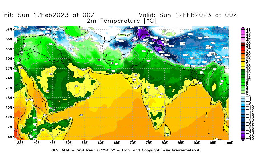 Mappa di analisi GFS - Temperatura a 2 metri dal suolo [°C] in Asia Sud-Occidentale
							del 12/02/2023 00 <!--googleoff: index-->UTC<!--googleon: index-->