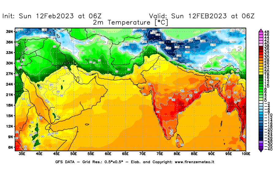 Mappa di analisi GFS - Temperatura a 2 metri dal suolo [°C] in Asia Sud-Occidentale
							del 12/02/2023 06 <!--googleoff: index-->UTC<!--googleon: index-->
