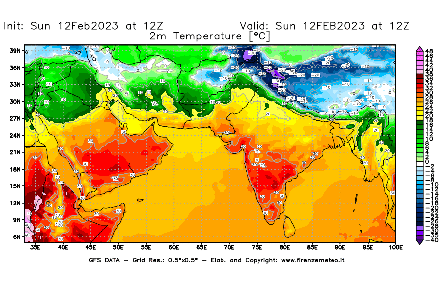 Mappa di analisi GFS - Temperatura a 2 metri dal suolo [°C] in Asia Sud-Occidentale
							del 12/02/2023 12 <!--googleoff: index-->UTC<!--googleon: index-->