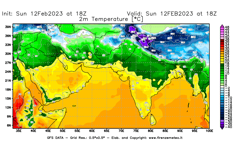 Mappa di analisi GFS - Temperatura a 2 metri dal suolo [°C] in Asia Sud-Occidentale
							del 12/02/2023 18 <!--googleoff: index-->UTC<!--googleon: index-->