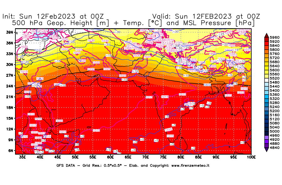 Mappa di analisi GFS - Geopotenziale [m] + Temp. [°C] a 500 hPa + Press. a livello del mare [hPa] in Asia Sud-Occidentale
							del 12/02/2023 00 <!--googleoff: index-->UTC<!--googleon: index-->