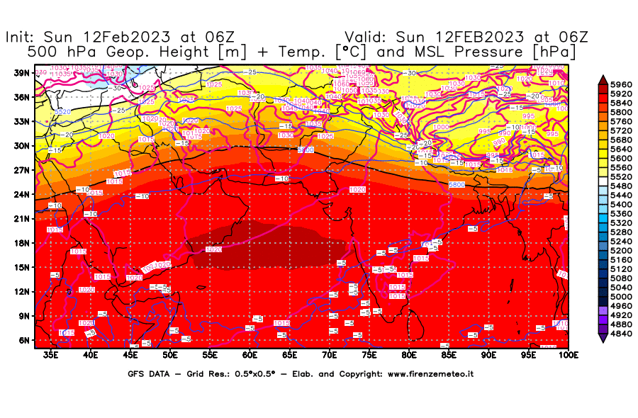 Mappa di analisi GFS - Geopotenziale [m] + Temp. [°C] a 500 hPa + Press. a livello del mare [hPa] in Asia Sud-Occidentale
							del 12/02/2023 06 <!--googleoff: index-->UTC<!--googleon: index-->