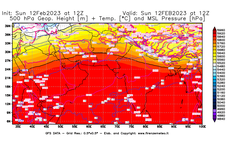 Mappa di analisi GFS - Geopotenziale [m] + Temp. [°C] a 500 hPa + Press. a livello del mare [hPa] in Asia Sud-Occidentale
							del 12/02/2023 12 <!--googleoff: index-->UTC<!--googleon: index-->