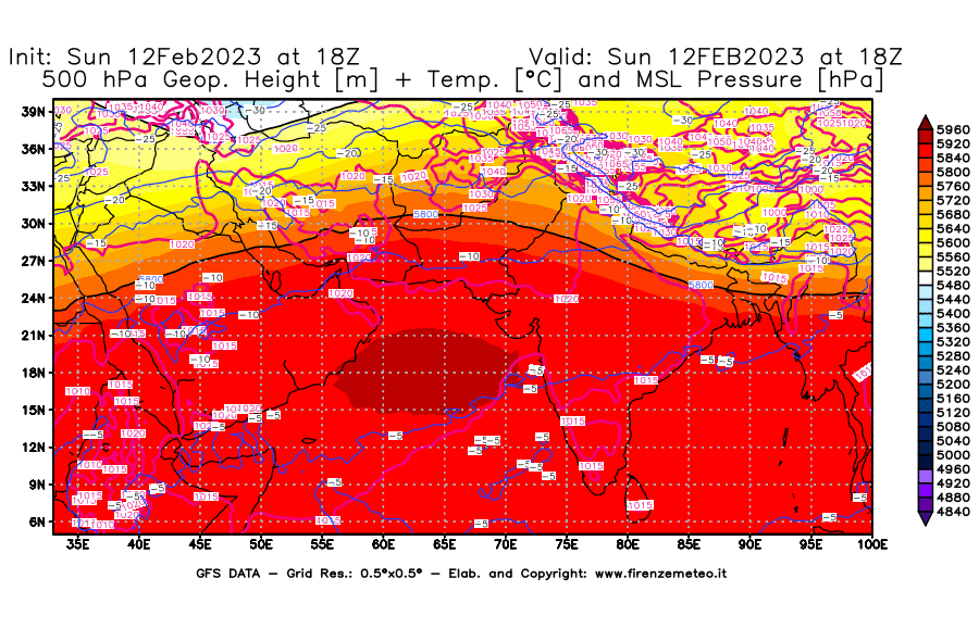 Mappa di analisi GFS - Geopotenziale [m] + Temp. [°C] a 500 hPa + Press. a livello del mare [hPa] in Asia Sud-Occidentale
							del 12/02/2023 18 <!--googleoff: index-->UTC<!--googleon: index-->