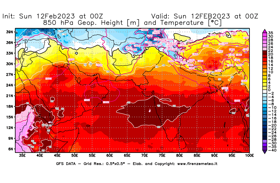 Mappa di analisi GFS - Geopotenziale [m] e Temperatura [°C] a 850 hPa in Asia Sud-Occidentale
							del 12/02/2023 00 <!--googleoff: index-->UTC<!--googleon: index-->