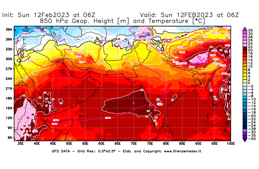 Mappa di analisi GFS - Geopotenziale [m] e Temperatura [°C] a 850 hPa in Asia Sud-Occidentale
							del 12/02/2023 06 <!--googleoff: index-->UTC<!--googleon: index-->