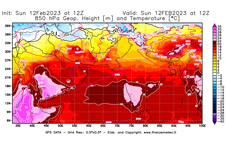 Mappa di analisi GFS - Geopotenziale [m] e Temperatura [°C] a 850 hPa in Asia Sud-Occidentale
							del 12/02/2023 12 <!--googleoff: index-->UTC<!--googleon: index-->