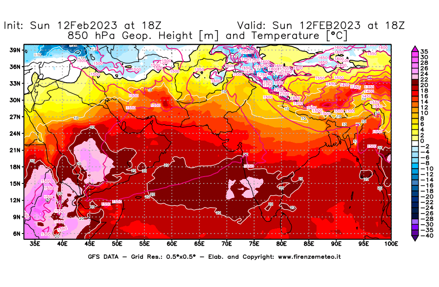 Mappa di analisi GFS - Geopotenziale [m] e Temperatura [°C] a 850 hPa in Asia Sud-Occidentale
							del 12/02/2023 18 <!--googleoff: index-->UTC<!--googleon: index-->