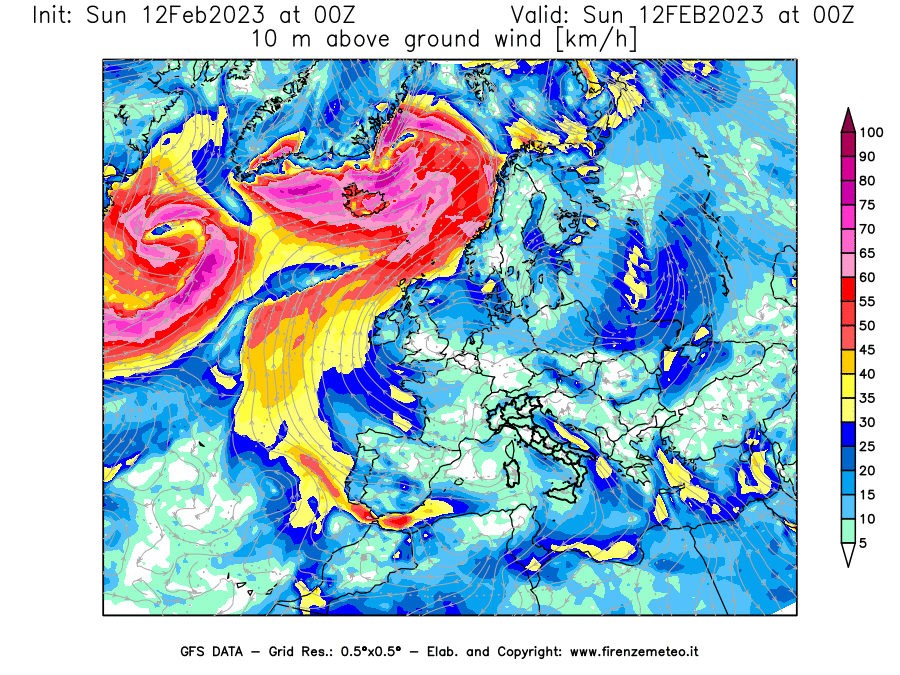 Mappa di analisi GFS - Velocità del vento a 10 metri dal suolo [km/h] in Europa
							del 12/02/2023 00 <!--googleoff: index-->UTC<!--googleon: index-->