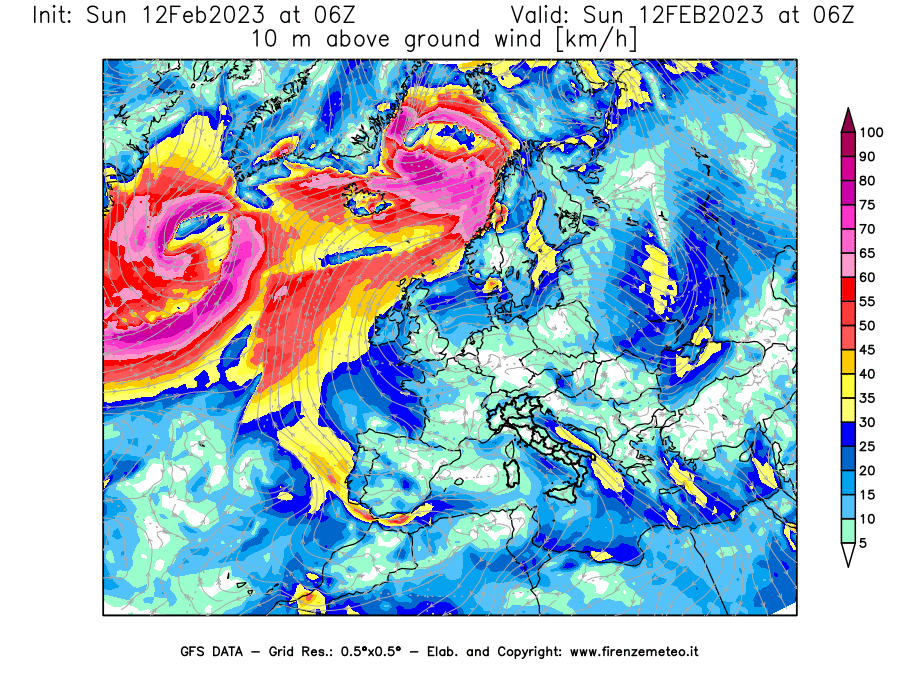 Mappa di analisi GFS - Velocità del vento a 10 metri dal suolo [km/h] in Europa
							del 12/02/2023 06 <!--googleoff: index-->UTC<!--googleon: index-->