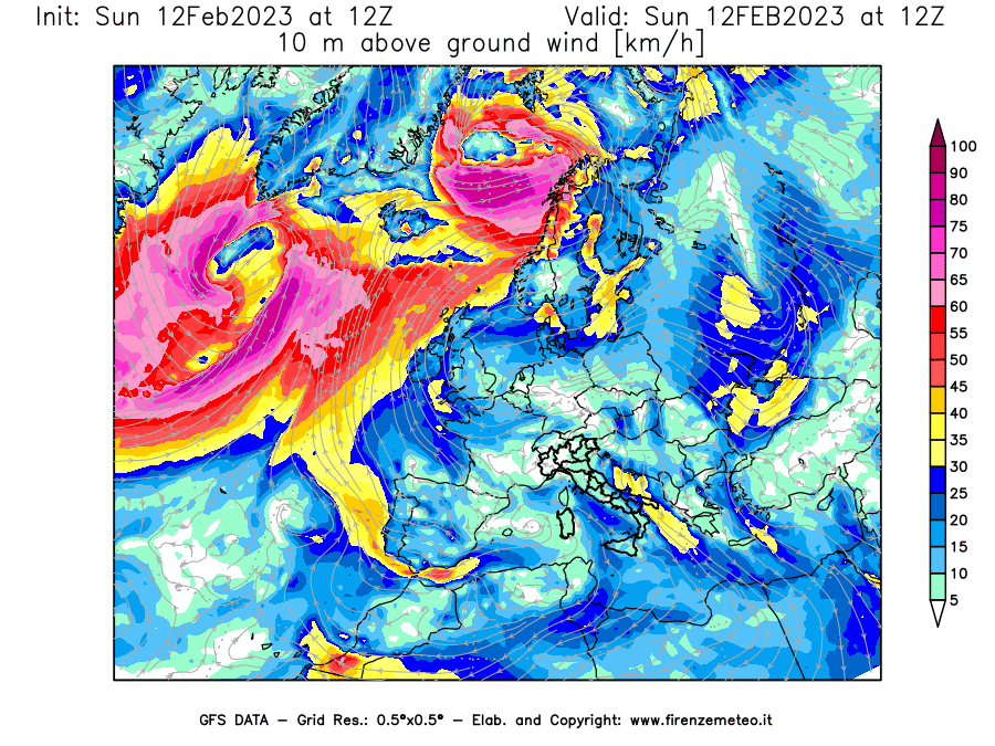 Mappa di analisi GFS - Velocità del vento a 10 metri dal suolo [km/h] in Europa
							del 12/02/2023 12 <!--googleoff: index-->UTC<!--googleon: index-->