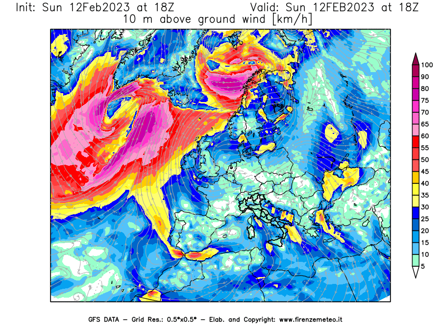 Mappa di analisi GFS - Velocità del vento a 10 metri dal suolo [km/h] in Europa
							del 12/02/2023 18 <!--googleoff: index-->UTC<!--googleon: index-->