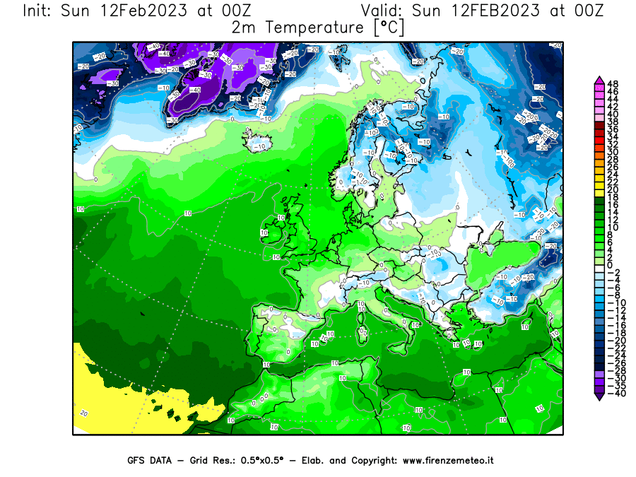 Mappa di analisi GFS - Temperatura a 2 metri dal suolo [°C] in Europa
							del 12/02/2023 00 <!--googleoff: index-->UTC<!--googleon: index-->