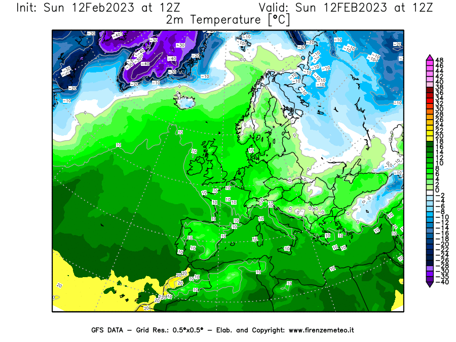 Mappa di analisi GFS - Temperatura a 2 metri dal suolo [°C] in Europa
							del 12/02/2023 12 <!--googleoff: index-->UTC<!--googleon: index-->