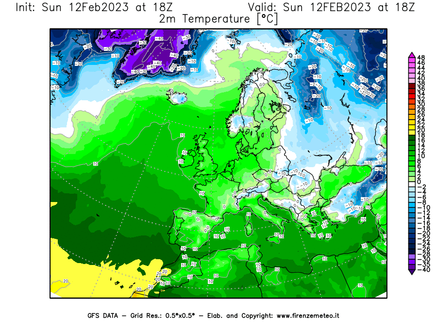 Mappa di analisi GFS - Temperatura a 2 metri dal suolo [°C] in Europa
							del 12/02/2023 18 <!--googleoff: index-->UTC<!--googleon: index-->