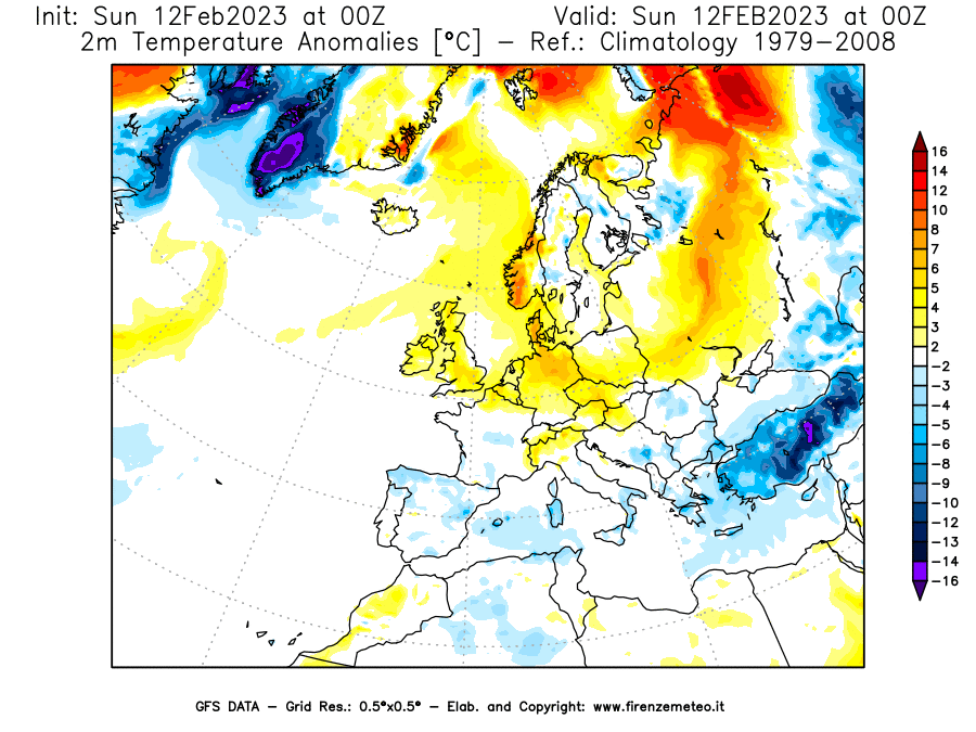 Mappa di analisi GFS - Anomalia Temperatura [°C] a 2 m in Europa
							del 12/02/2023 00 <!--googleoff: index-->UTC<!--googleon: index-->