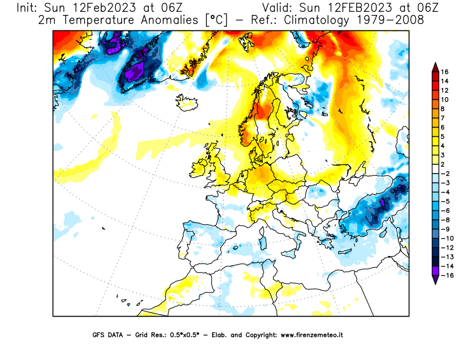 Mappa di analisi GFS - Anomalia Temperatura [°C] a 2 m in Europa
							del 12/02/2023 06 <!--googleoff: index-->UTC<!--googleon: index-->