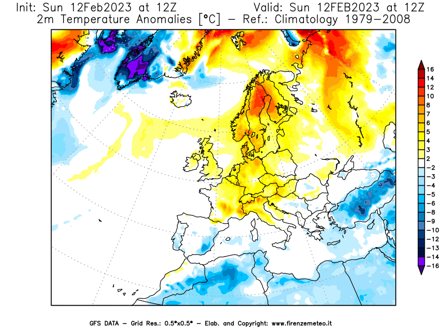 Mappa di analisi GFS - Anomalia Temperatura [°C] a 2 m in Europa
							del 12/02/2023 12 <!--googleoff: index-->UTC<!--googleon: index-->