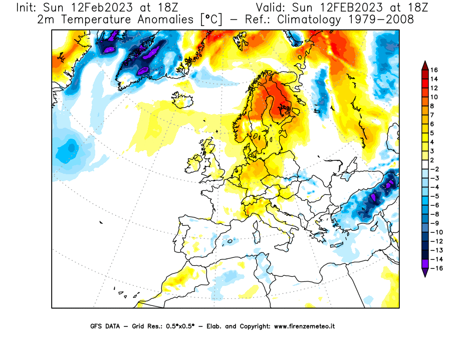 Mappa di analisi GFS - Anomalia Temperatura [°C] a 2 m in Europa
							del 12/02/2023 18 <!--googleoff: index-->UTC<!--googleon: index-->