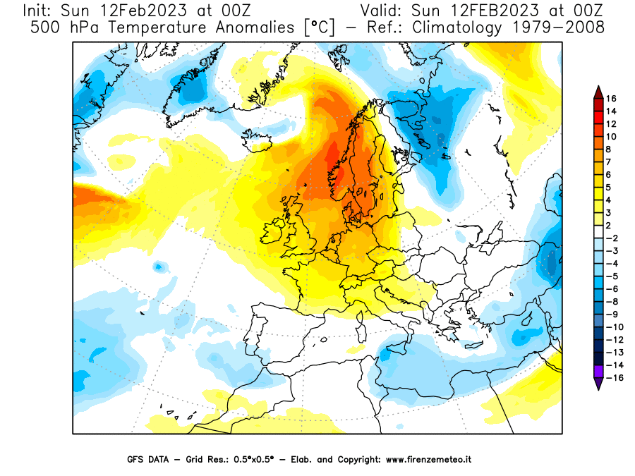 Mappa di analisi GFS - Anomalia Temperatura [°C] a 500 hPa in Europa
							del 12/02/2023 00 <!--googleoff: index-->UTC<!--googleon: index-->