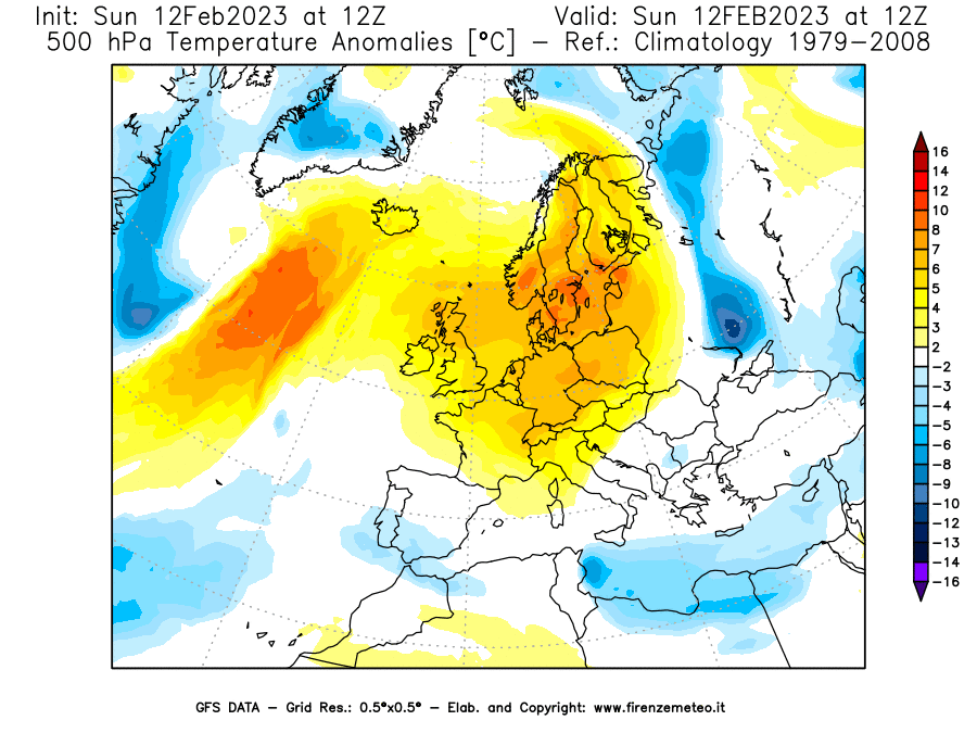 Mappa di analisi GFS - Anomalia Temperatura [°C] a 500 hPa in Europa
							del 12/02/2023 12 <!--googleoff: index-->UTC<!--googleon: index-->