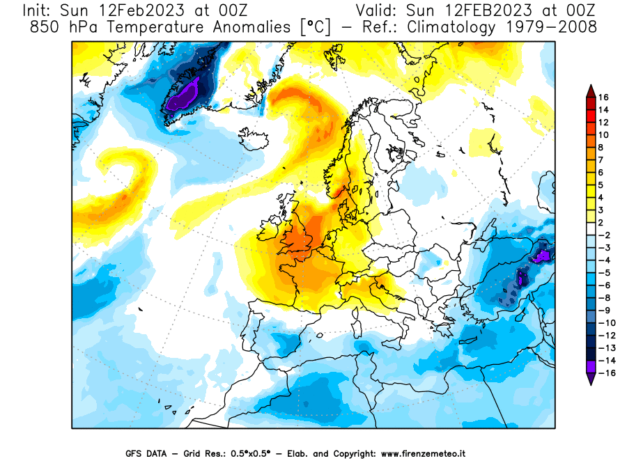 Mappa di analisi GFS - Anomalia Temperatura [°C] a 850 hPa in Europa
							del 12/02/2023 00 <!--googleoff: index-->UTC<!--googleon: index-->