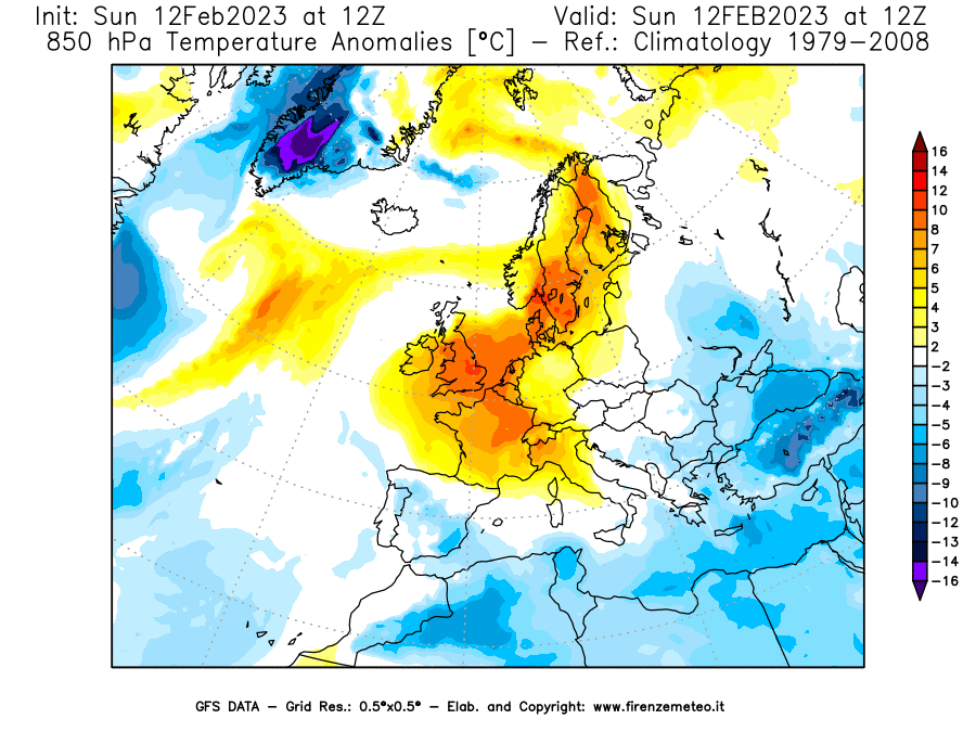 Mappa di analisi GFS - Anomalia Temperatura [°C] a 850 hPa in Europa
							del 12/02/2023 12 <!--googleoff: index-->UTC<!--googleon: index-->