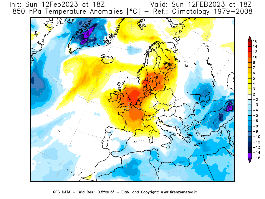 Mappa di analisi GFS - Anomalia Temperatura [°C] a 850 hPa in Europa
							del 12/02/2023 18 <!--googleoff: index-->UTC<!--googleon: index-->
