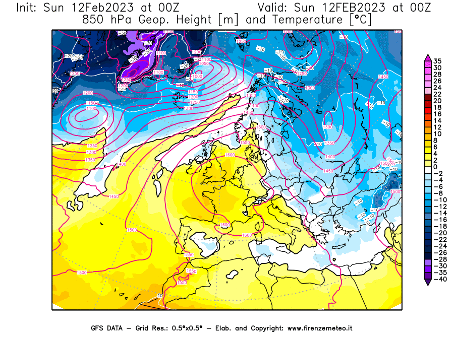 Mappa di analisi GFS - Geopotenziale [m] e Temperatura [°C] a 850 hPa in Europa
							del 12/02/2023 00 <!--googleoff: index-->UTC<!--googleon: index-->