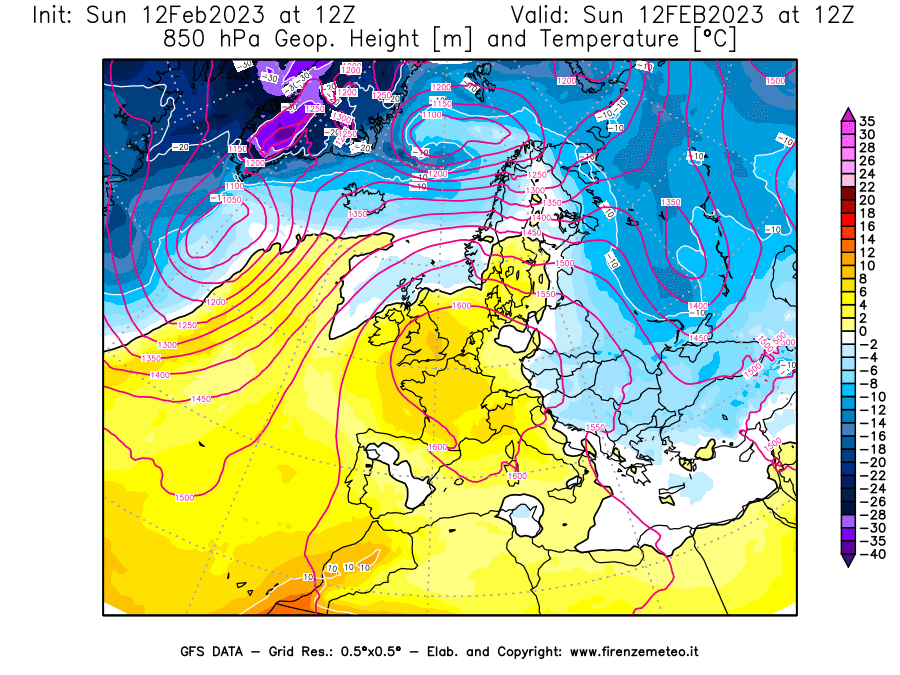 Mappa di analisi GFS - Geopotenziale [m] e Temperatura [°C] a 850 hPa in Europa
							del 12/02/2023 12 <!--googleoff: index-->UTC<!--googleon: index-->